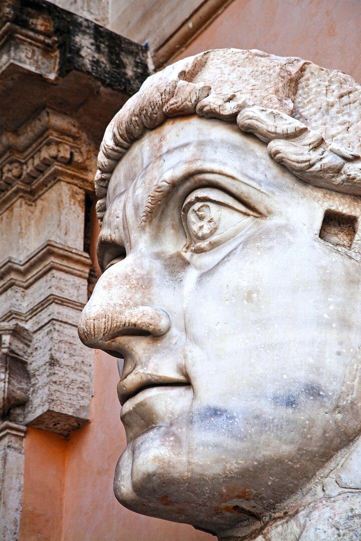 The colossal head of Constantine in the Capitoline Museums once adorned his marble statue in the Basilica Nova in the Roman Forum.