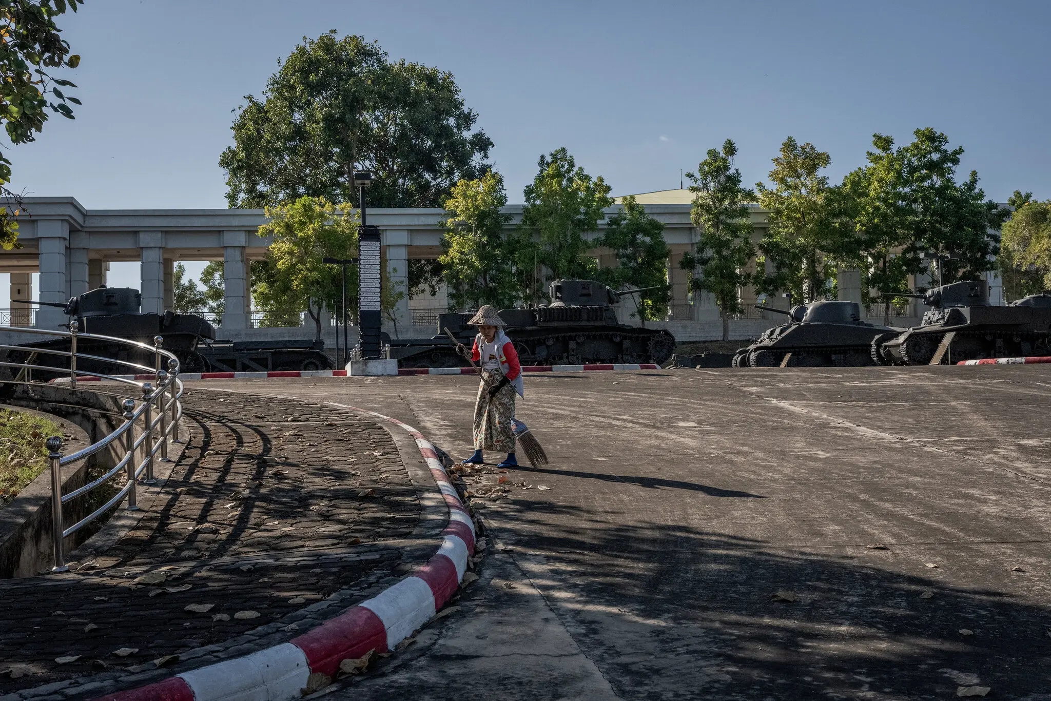 An empty road in front of decommissioned tanks at the Defense Services Museum complex in Naypyidaw, Myanmar, the day after a vote in December.