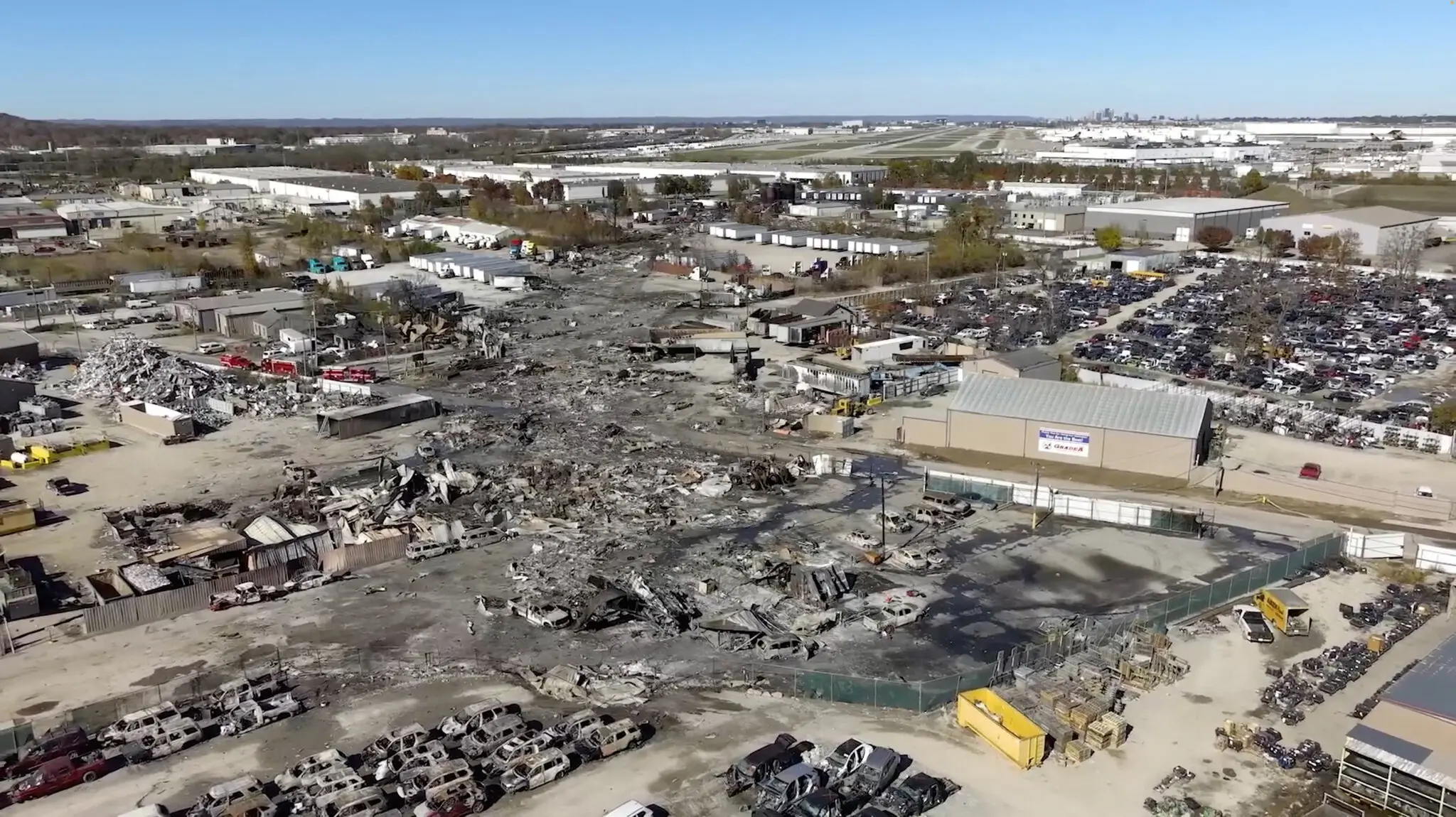 A drone view of the crash site next to a runway at the Muhammad Ali International Airport, after the crash of a UPS cargo plane in Louisville, Ky., last year.