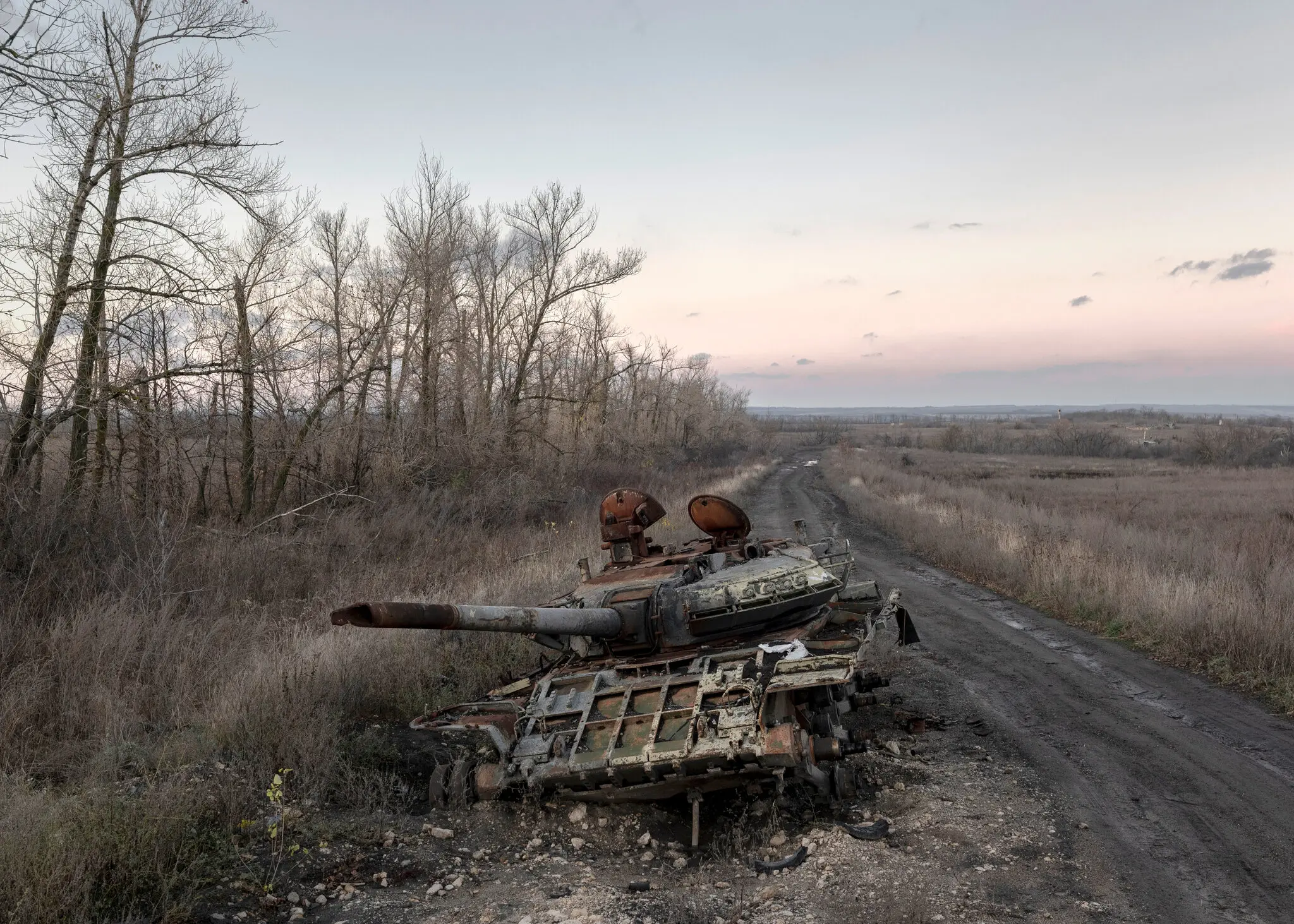 A damaged Russian tank near the village of Sulyhivka, in the eastern Ukrainian region of Kharkiv, in 2023. Ukraine increasingly relies on drones to neutralize Russian armor.