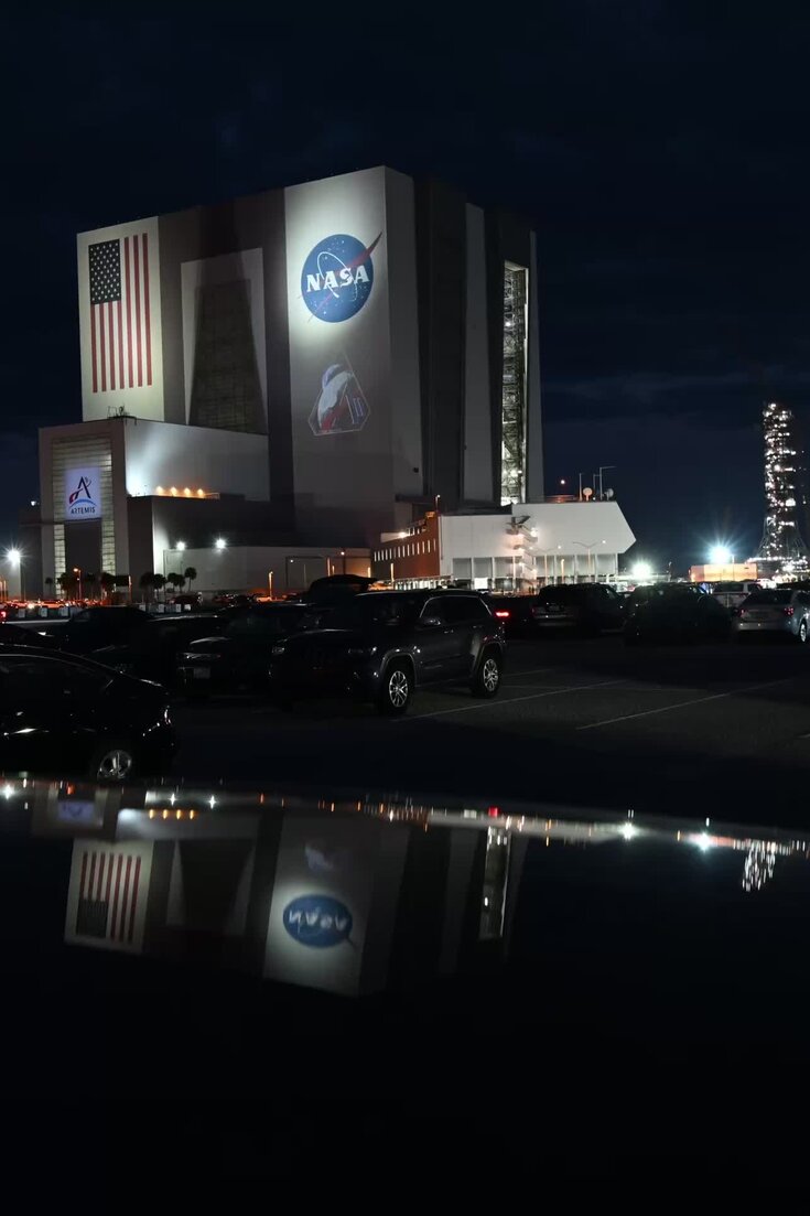 A timelapse view of the Artemis II rocket rolling out of the Vehicle Assembly Building at the Kennedy Space Center on Saturday.
