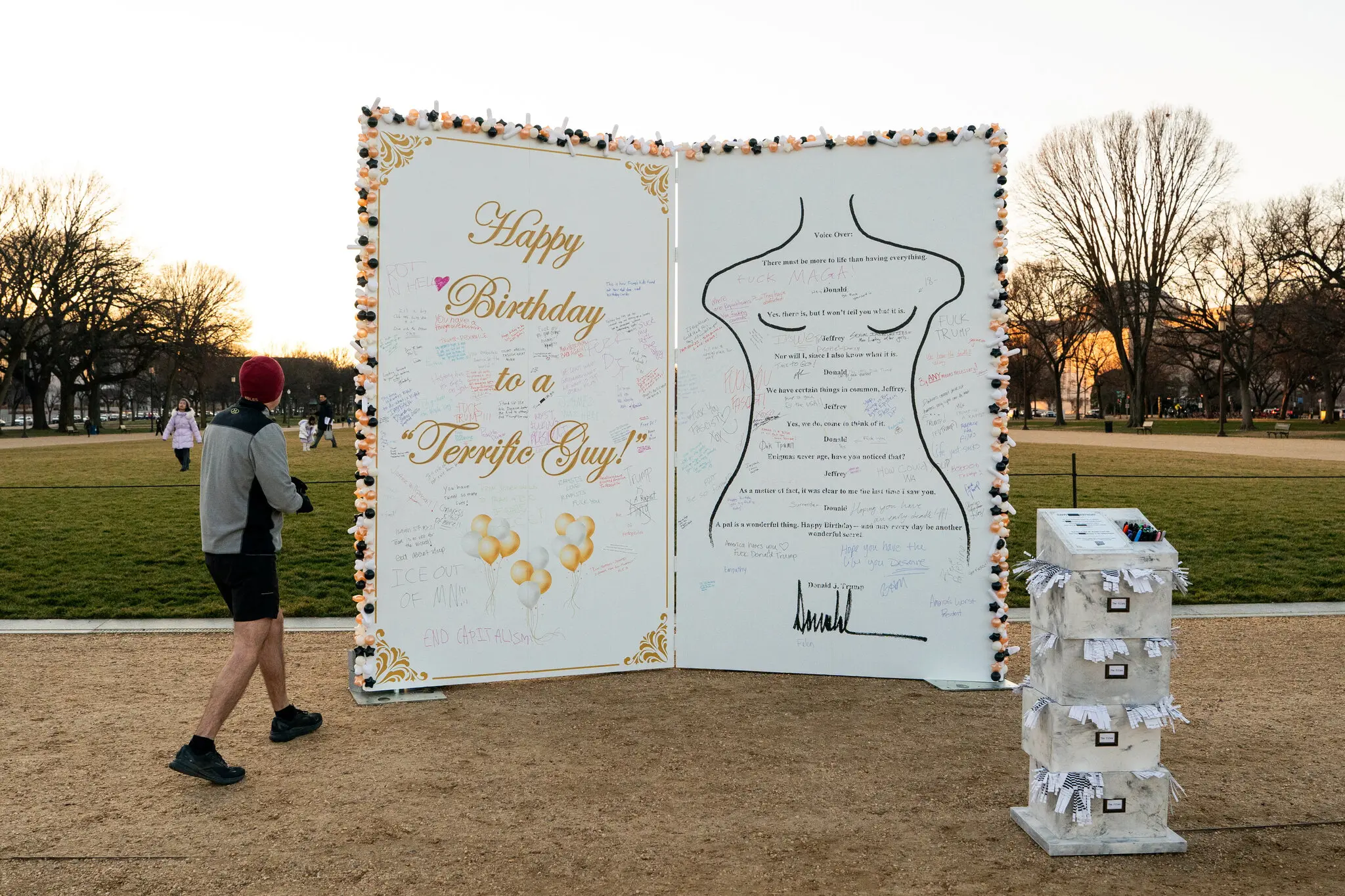 An art installation depicting a replica of a birthday message said to be from President Trump to Jeffrey Epstein appeared on the National Mall overnight on Sunday.