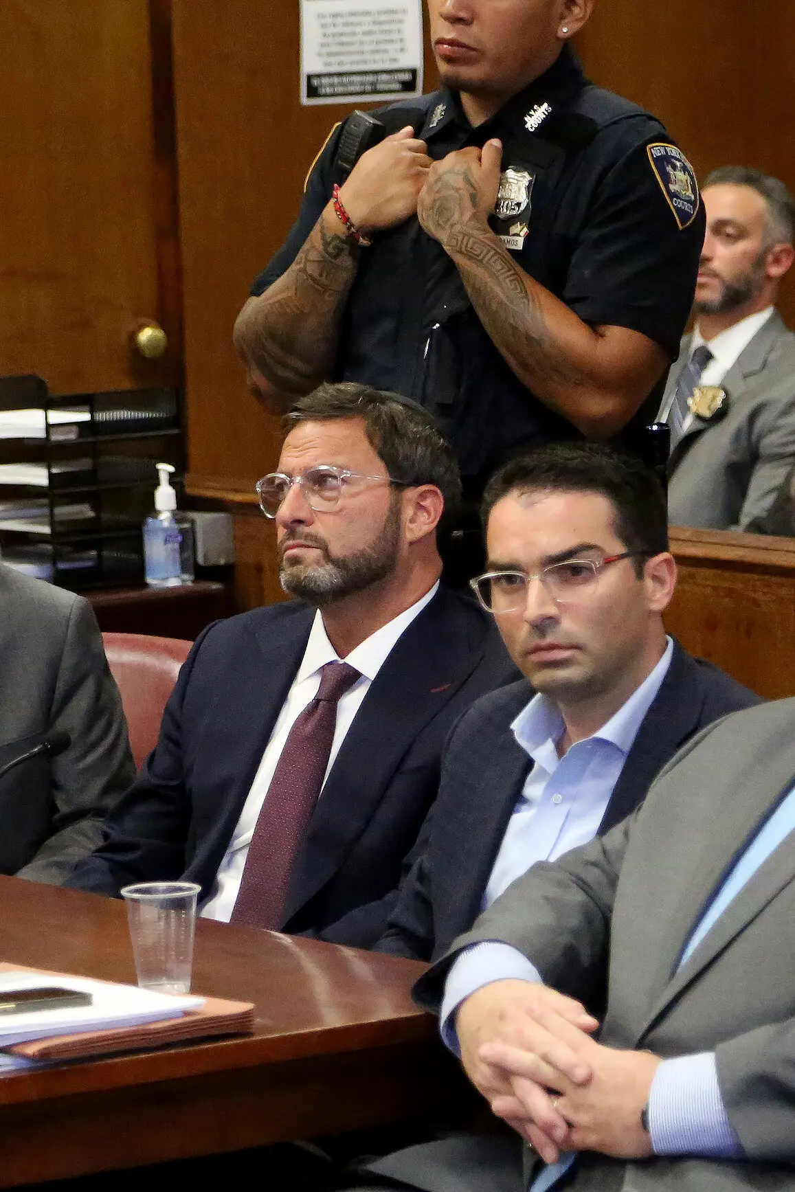 Mark Caller, left, and Eric Ulrich at their arraignment in State Supreme Court in Manhattan on corruption-related charges in 2023.