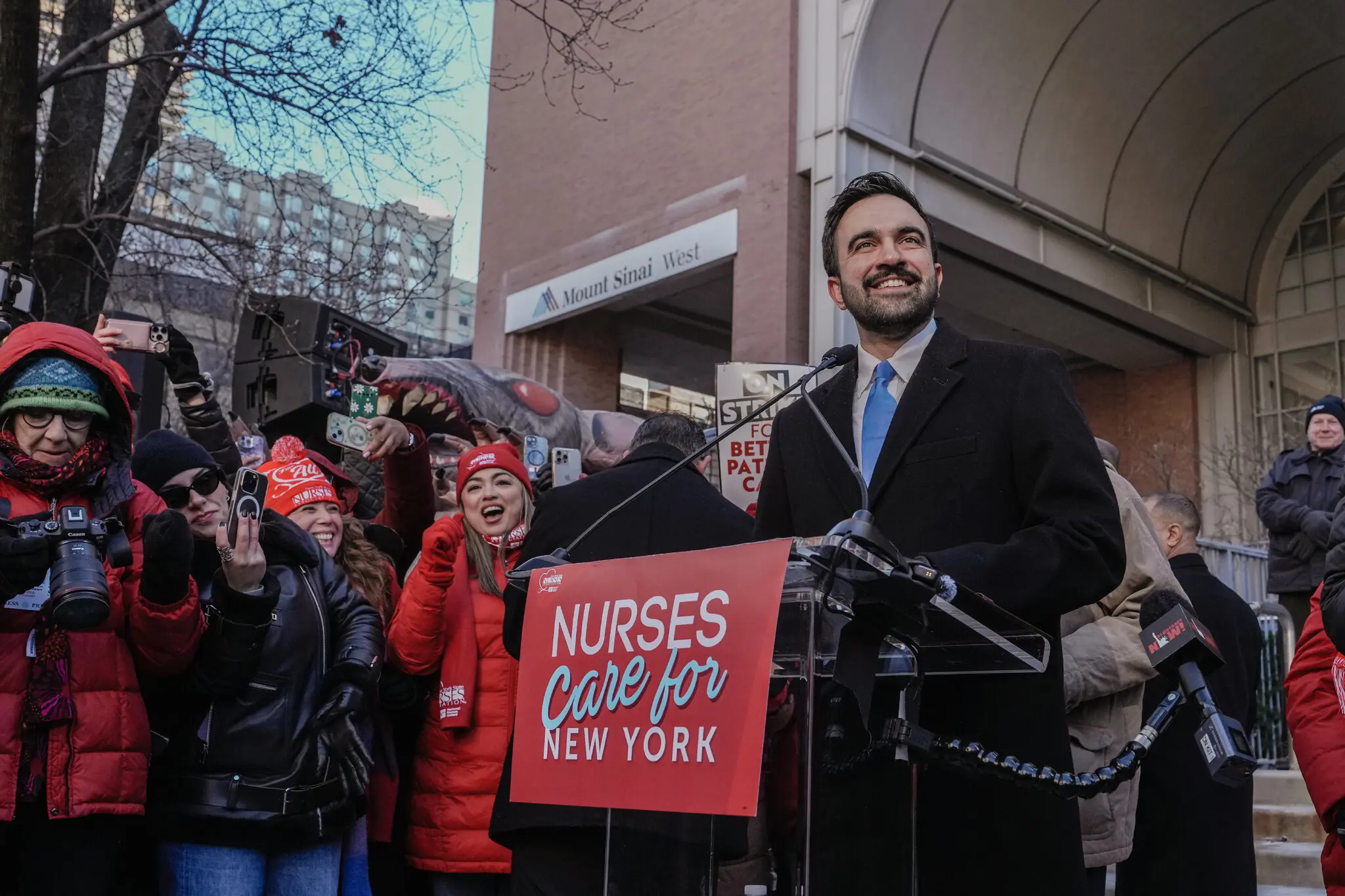 Mayor Zohran Mamdani joined striking nurses on Tuesday outside Mount Sinai West hospital in Midtown Manhattan.