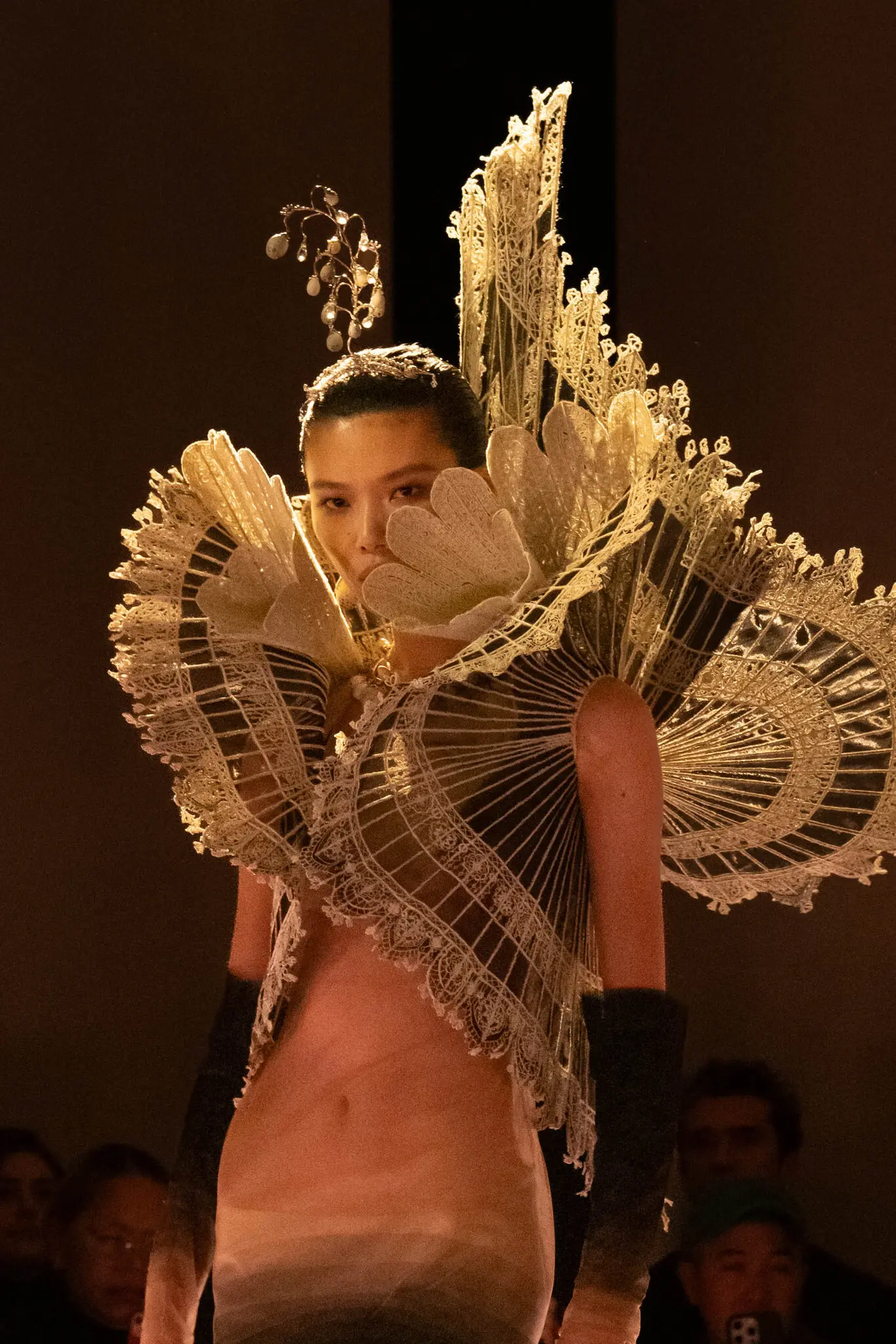 At Schiaparelli, swirls of lace.