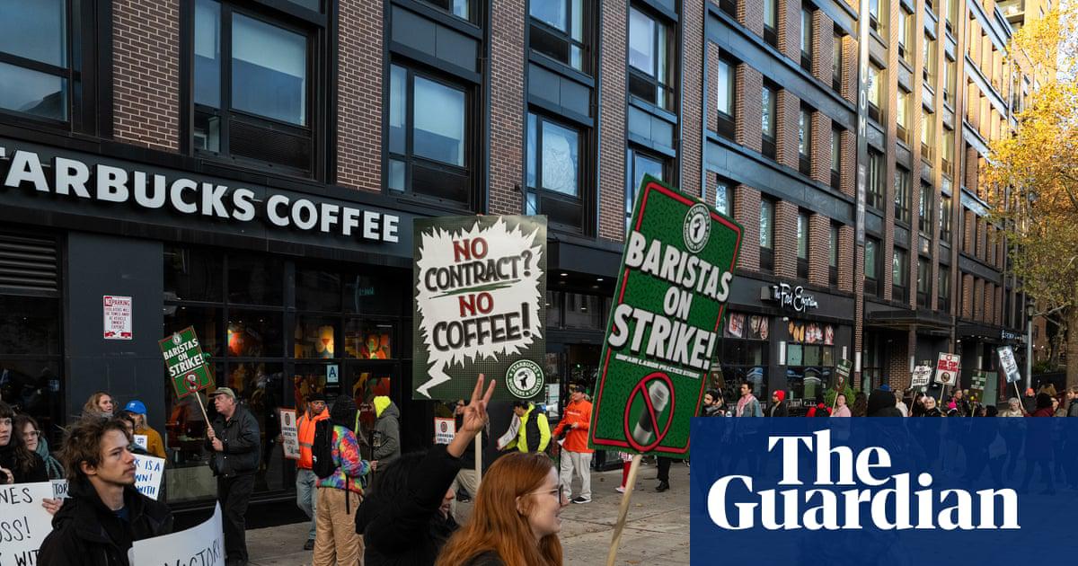 Starbucks Workers United members and supporters picket outside a Starbucks store in the Brooklyn borough of New York, on 13 November 2025.