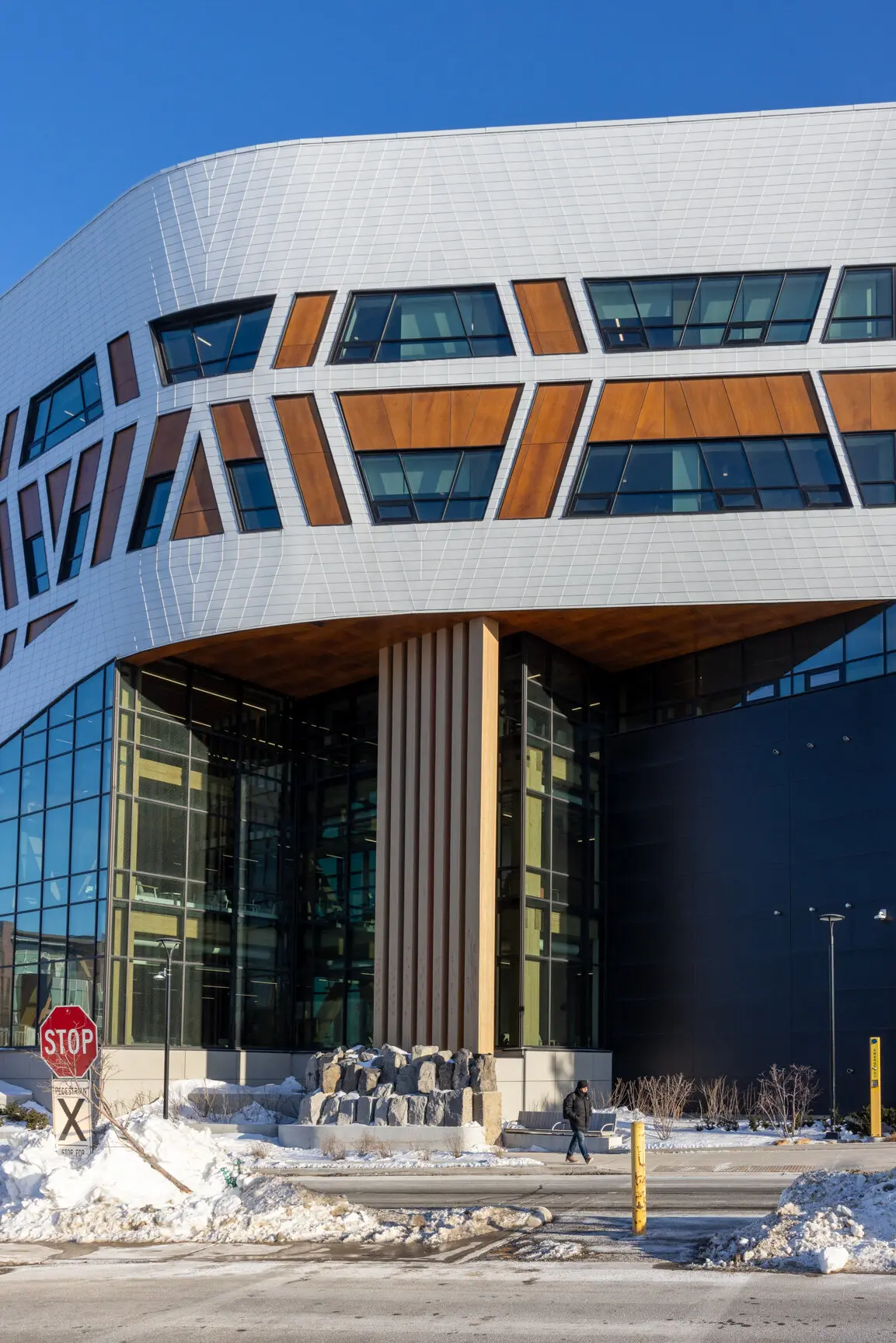 The exterior of the anchor building of Centennial College in Scarborough, Ontario is meant to evoke animal skin or fish scales.
