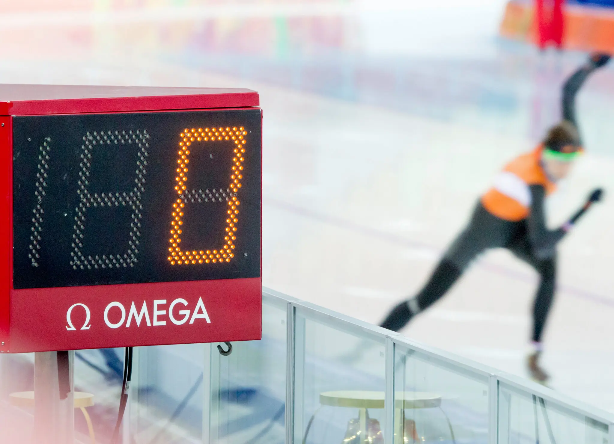 An Omega-branded timer at a speed-skating event. Lately, Omega and other brands have been sponsoring teams and athletes across various sports in hopes of enticing fans.