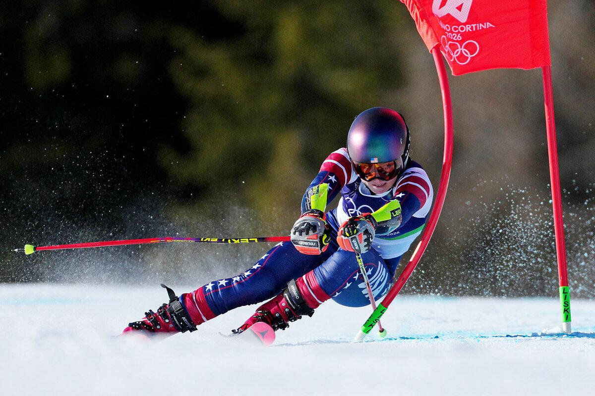 Mikaela Shiffrin of the United States in action during her second run of the women‘s giant slalom at the Tofane Alpine Skiing Centre, in Cortina d’Ampezzo, Italy, Feb. 15, 2026.