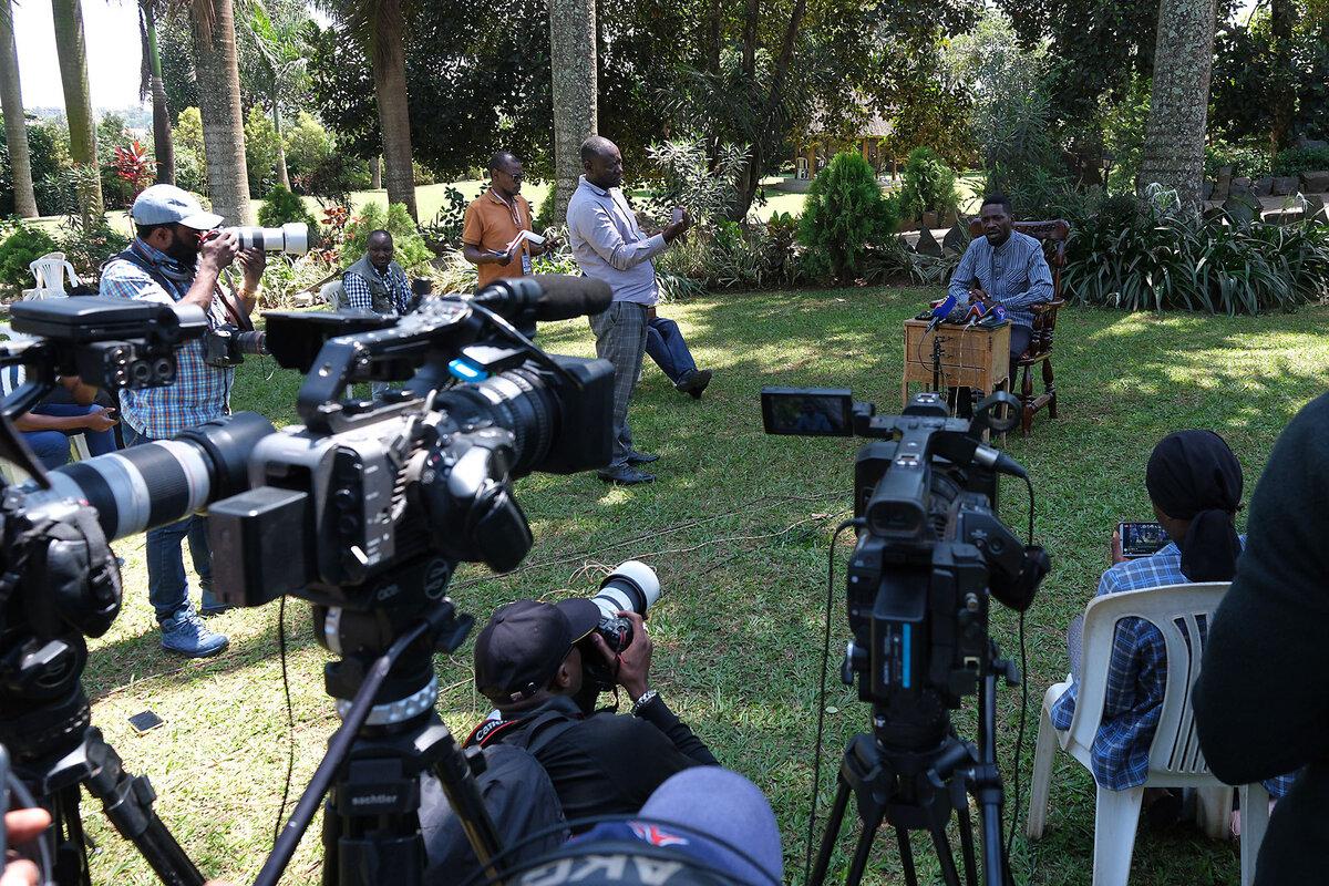 Uganda opposition presidential candidate Robert Kyagulanyi Ssentamu, known as Bobi Wine, speaks to journalists after the government ordered an internet shutdown, at his home in Magere village, Kampala, Uganda, Jan. 14, 2026.