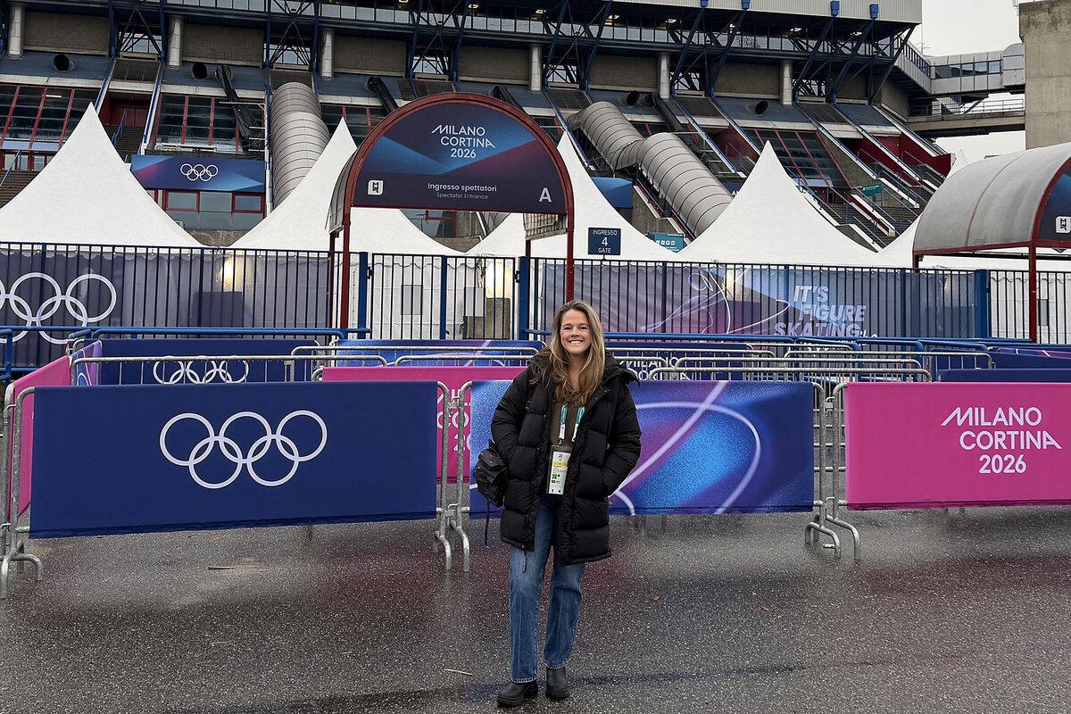 Story Hinckley, a staff writer for The Christian Science Monitor, stands outside the Milan Ice Skating Arena in Italy, Feb. 6, 2026.