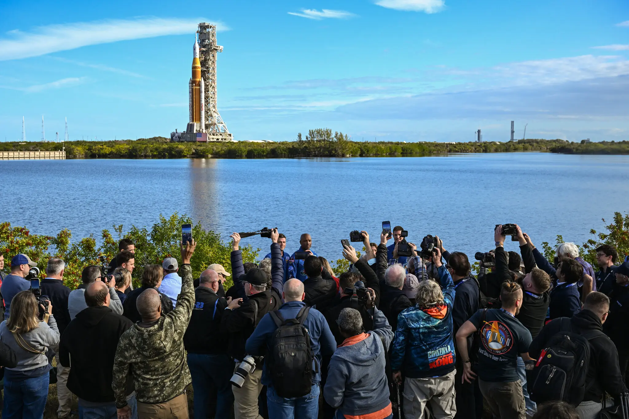 Space fans at the rollout of the Artemis II rocket at the Kennedy Space Center in Florida on the eve of its first countdown rehearsal last month.