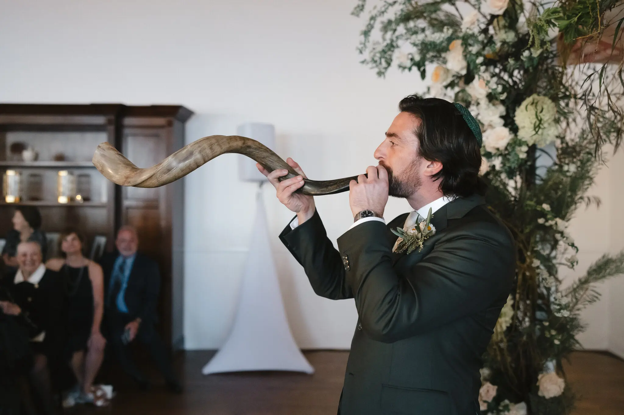 Michael Gropper announced the entrance of his bride, Caroline Goldfarb, with a blast from a kudu antelope shofar during their Feb. 7 ceremony at the Bel-Air Bay Club in Pacific Palisades, Calif.